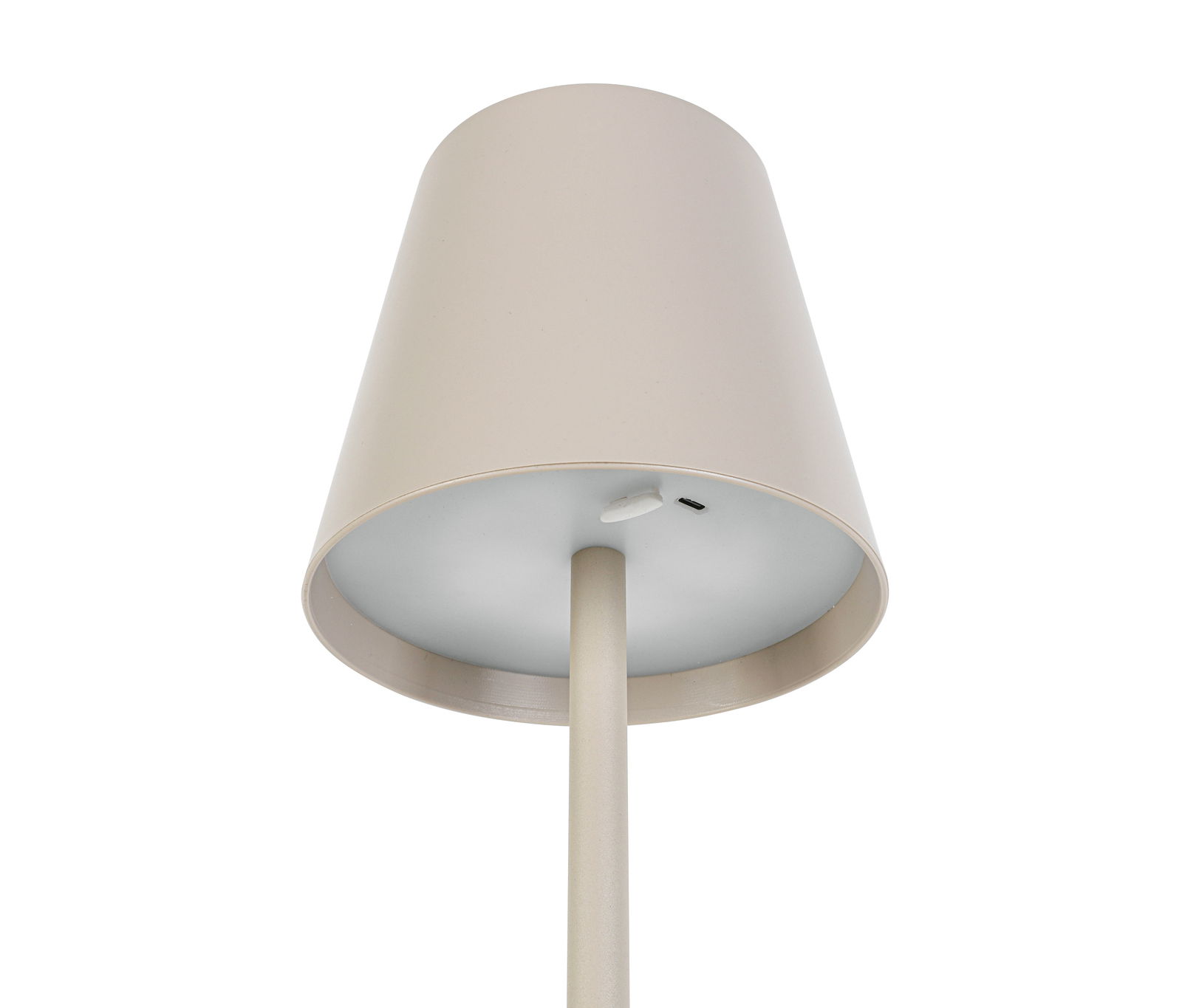 Nahaufnahme einer Akku-Stehleuchte von unten, mit einem schlichten, modernen Design in Beige.