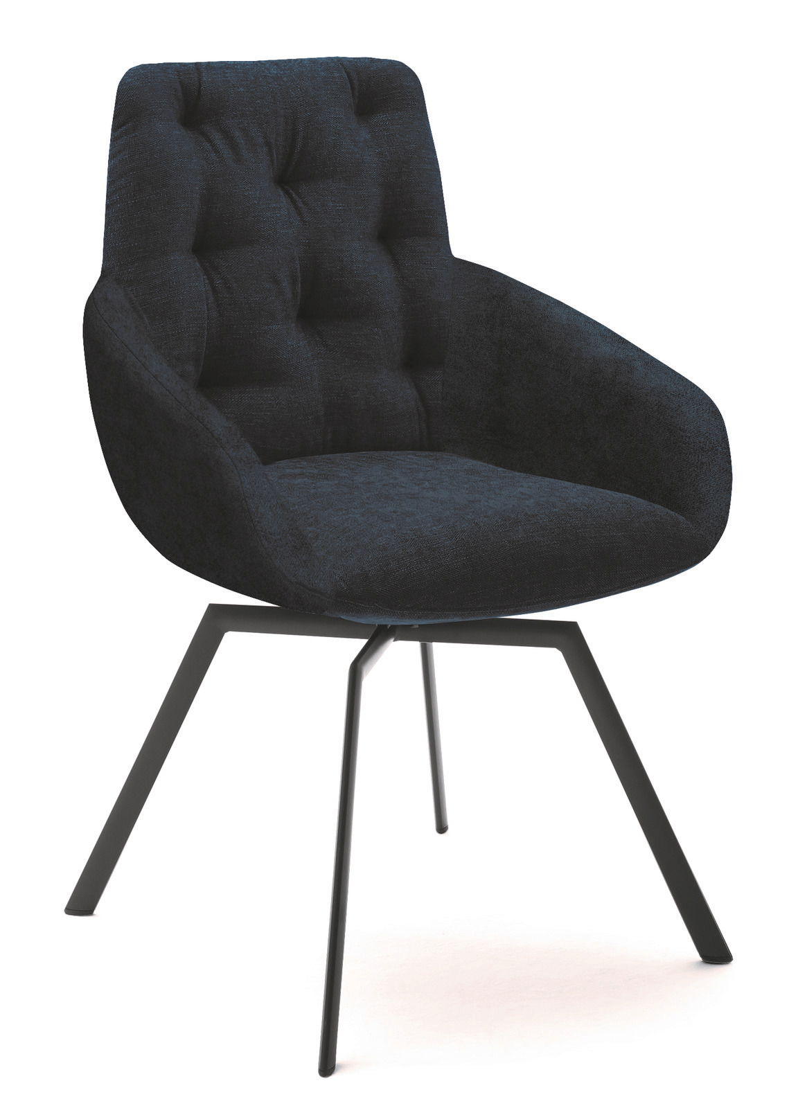 Moderner schwarzer Sessel mit gepolsterter Rückenlehne und Metallbeinen, seitliche Perspektive