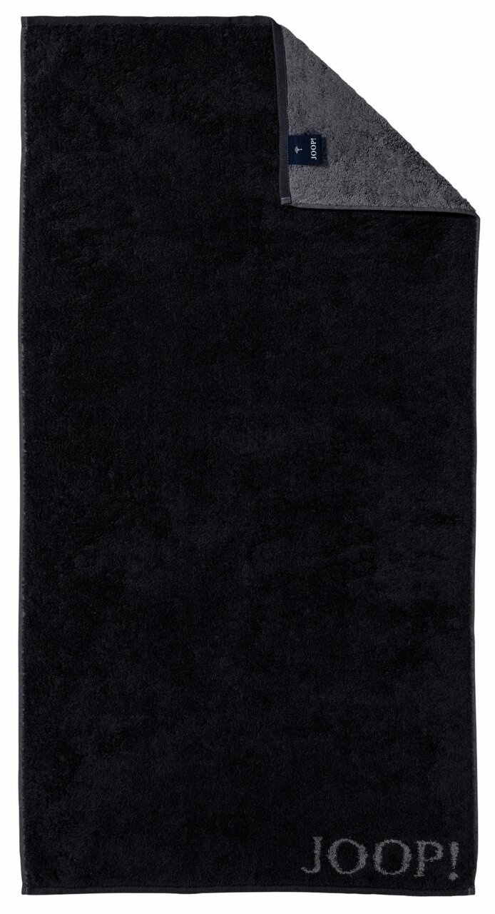 JOOP! Duschtuch 80x150 DOUBLEFACE CLASSIC Schwarzes Duschtuch mit grauer Ecke und eingewebtem 'JOOP!' Logo, von oben betrachtet.
