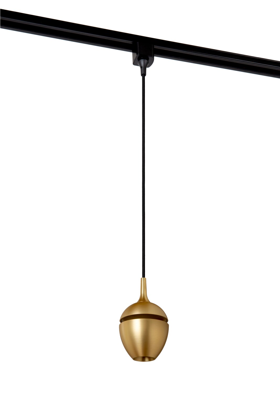 Pendelleuchte PRESTON in mattgold, seitliche Perspektive, hängend an einer schwarzen Schiene.