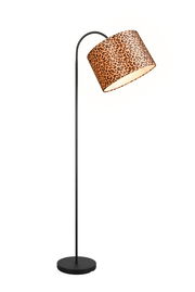 Stehleuchte mit schwarzem Ständer und einem Lampenschirm im Leopardenmuster, seitliche Perspektive