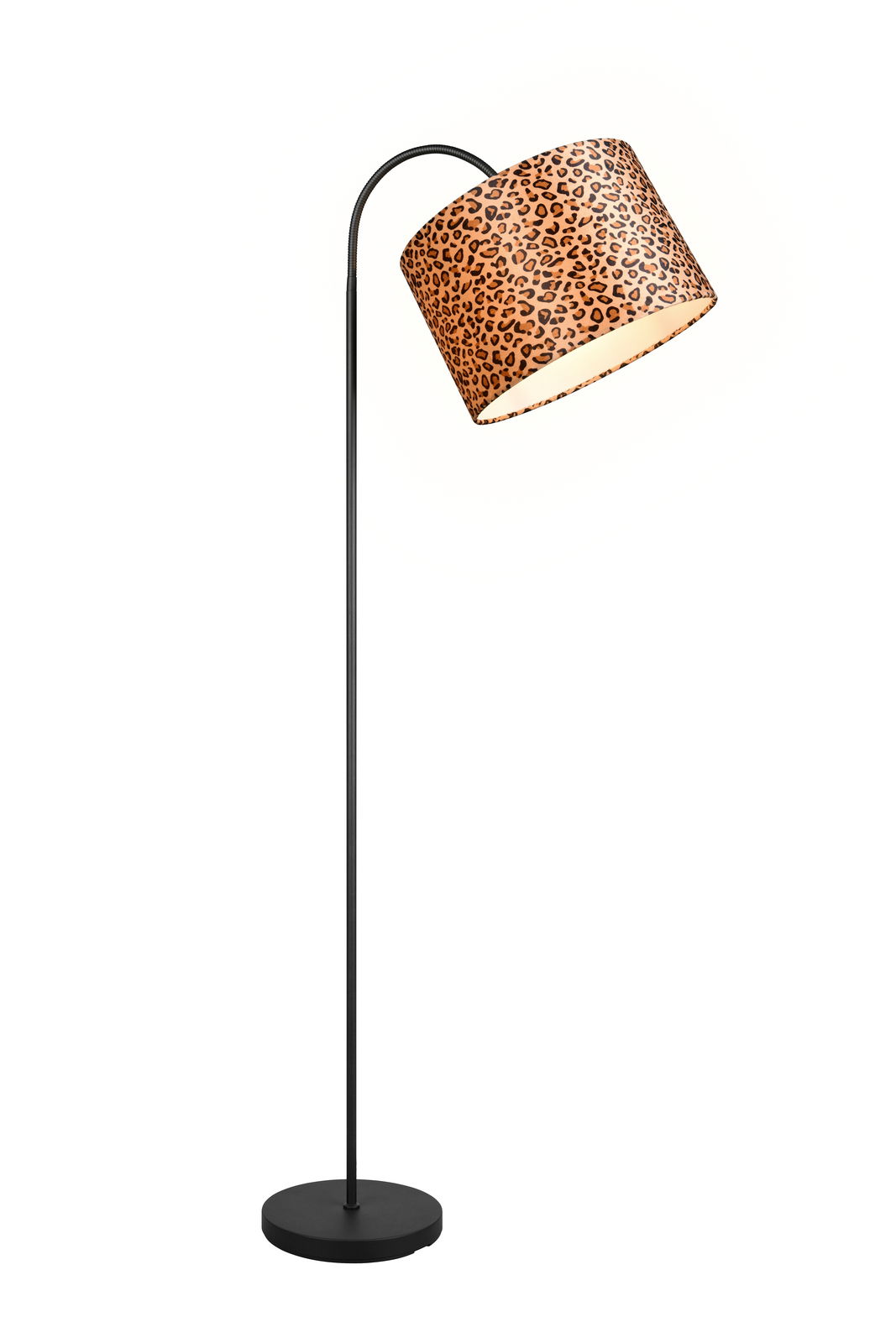 Stehleuchte mit schwarzem Ständer und einem Lampenschirm im Leopardenmuster, seitliche Perspektive