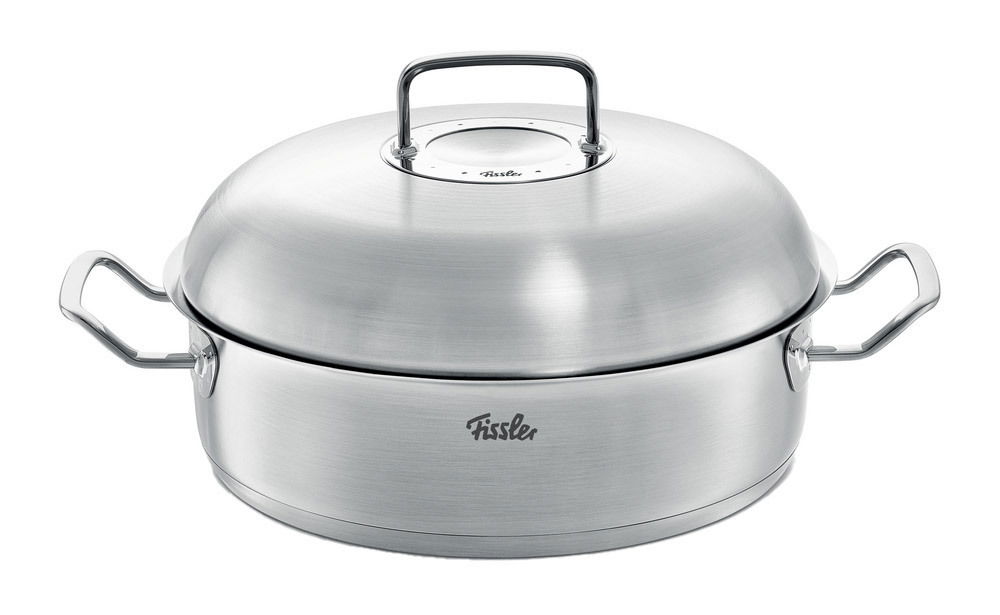 Fissler Bräter 28cm 4,8l rund ORIGINAL-PROFI COLLECTION 2 Runder Edelstahlbräter mit Deckel und Griffen, seitliche Perspektive