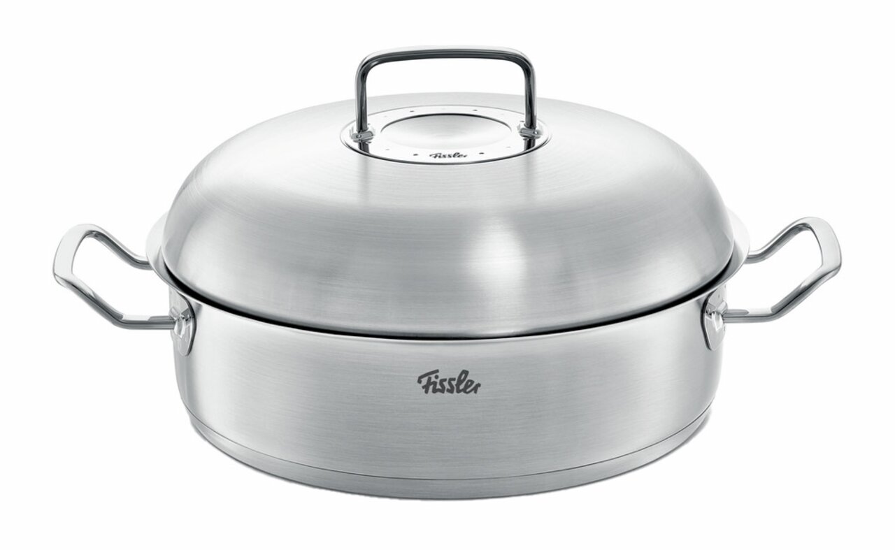 Runder Edelstahlbräter mit Deckel und Griffen, seitliche Perspektive