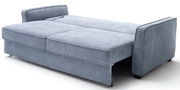 Graues Funktionssofa in ausgeklappter Position, seitliche Perspektive