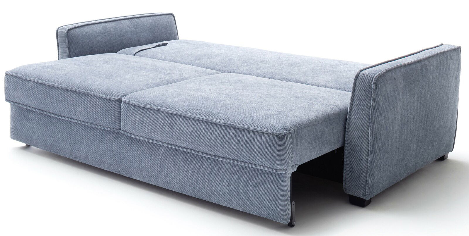 Graues Funktionssofa in ausgeklappter Position, seitliche Perspektive