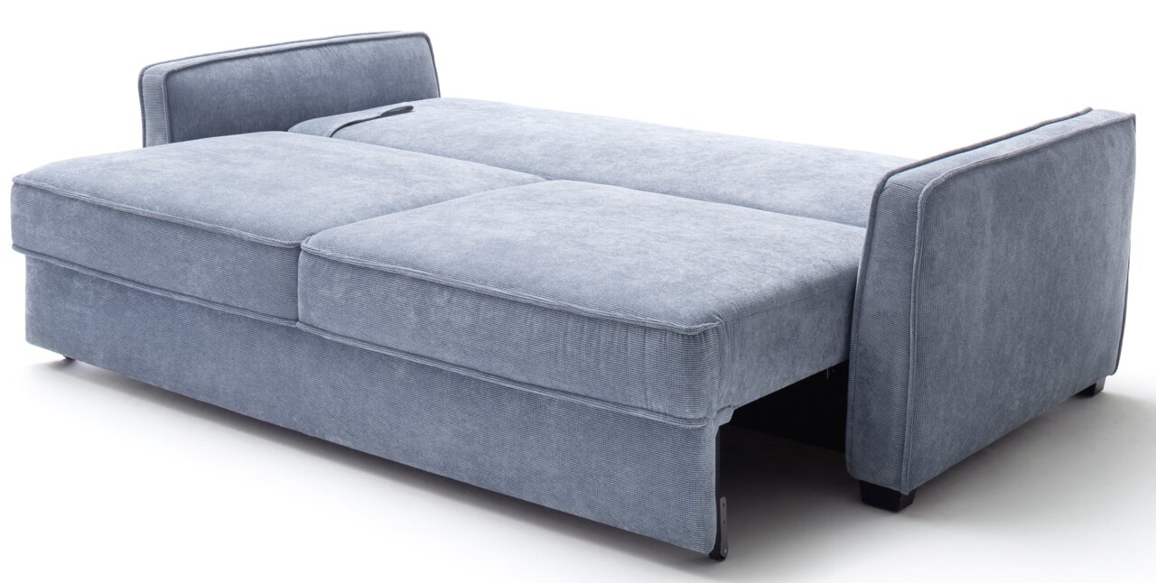 Graues Funktionssofa in ausgeklappter Position, seitliche Perspektive