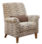 Hochlehnsessel mit gemustertem Stoffbezug und Holzbeinen, seitliche Perspektive