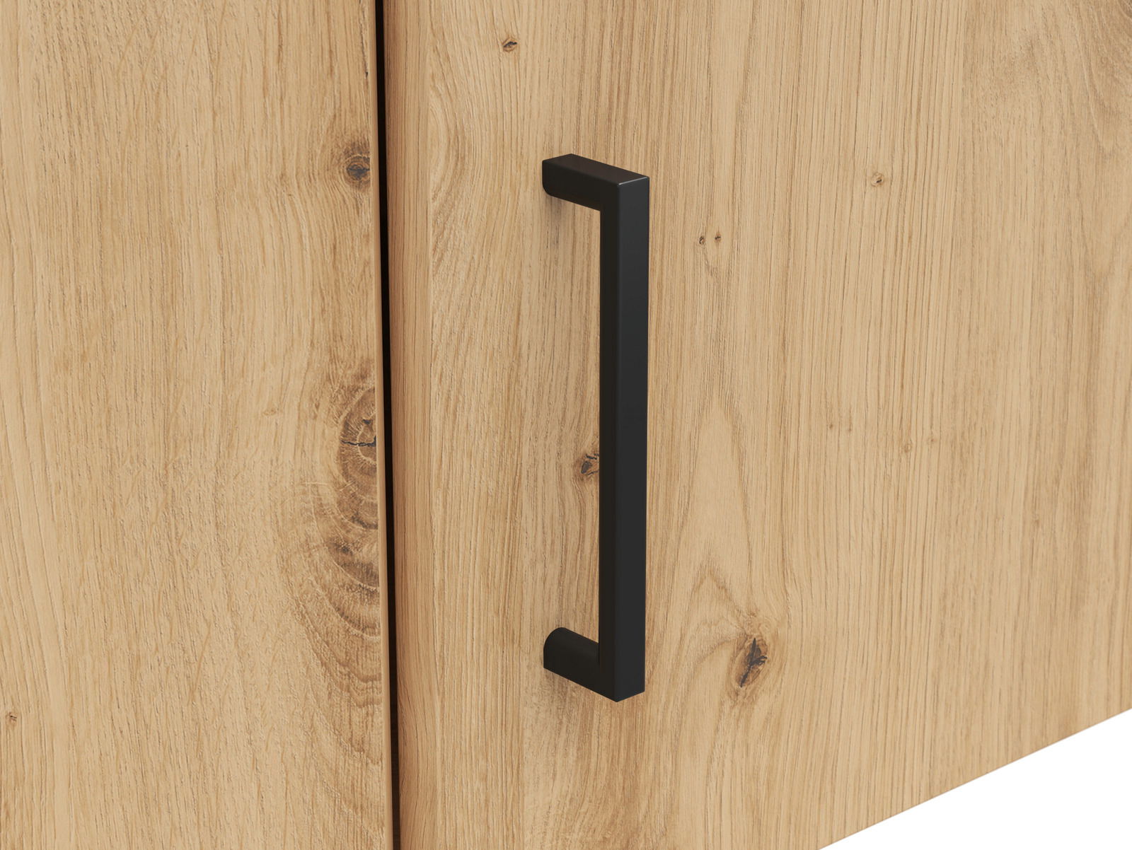 Nahaufnahme eines Eckaufsatzschranks mit Holzmaserung und schwarzem Griff, seitliche Perspektive