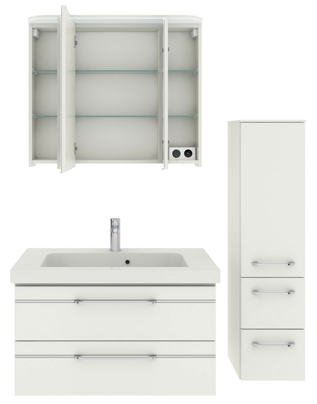 Badezimmermöbel-Set bestehend aus einem Spiegelschrank mit offenen Türen, einem Waschbeckenunterschrank mit zwei Schubladen und einem hohen Seitenschrank, alle in weißer Farbe. Frontalansicht.