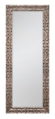 Rechteckiger Spiegel mit dekorativem Rahmen in Holzoptik, frontal abgebildet.