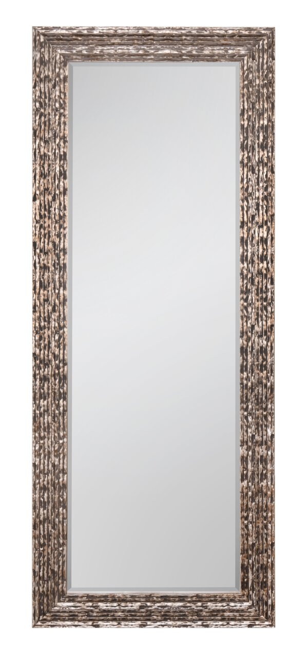 Rechteckiger Spiegel mit dekorativem Rahmen in Holzoptik, frontal abgebildet.