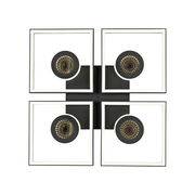 Moderne LED-Deckenleuchte mit vier quadratischen Rahmen und runden Lichtelementen, Ansicht von unten.