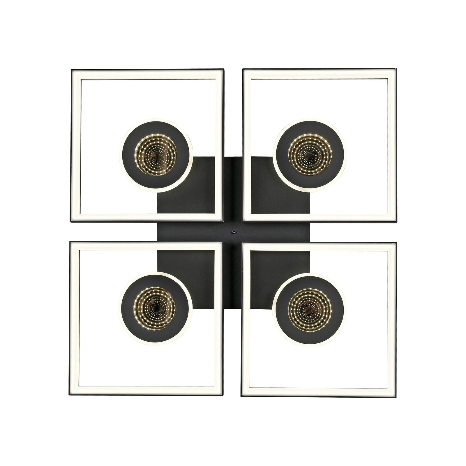 Moderne LED-Deckenleuchte mit vier quadratischen Rahmen und runden Lichtelementen, Ansicht von unten.