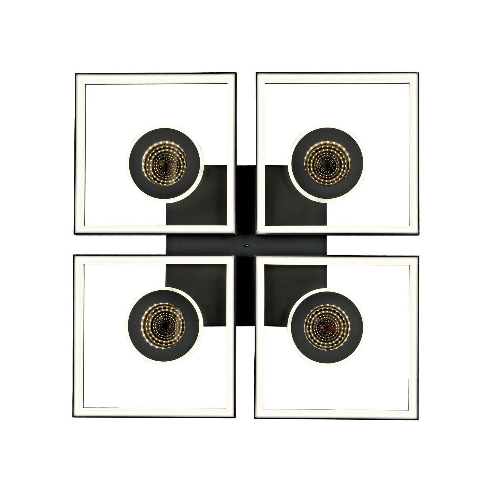 Moderne led-plafondlamp met vier vierkante frames en ronde lichtelementen, gezien van onderaf.