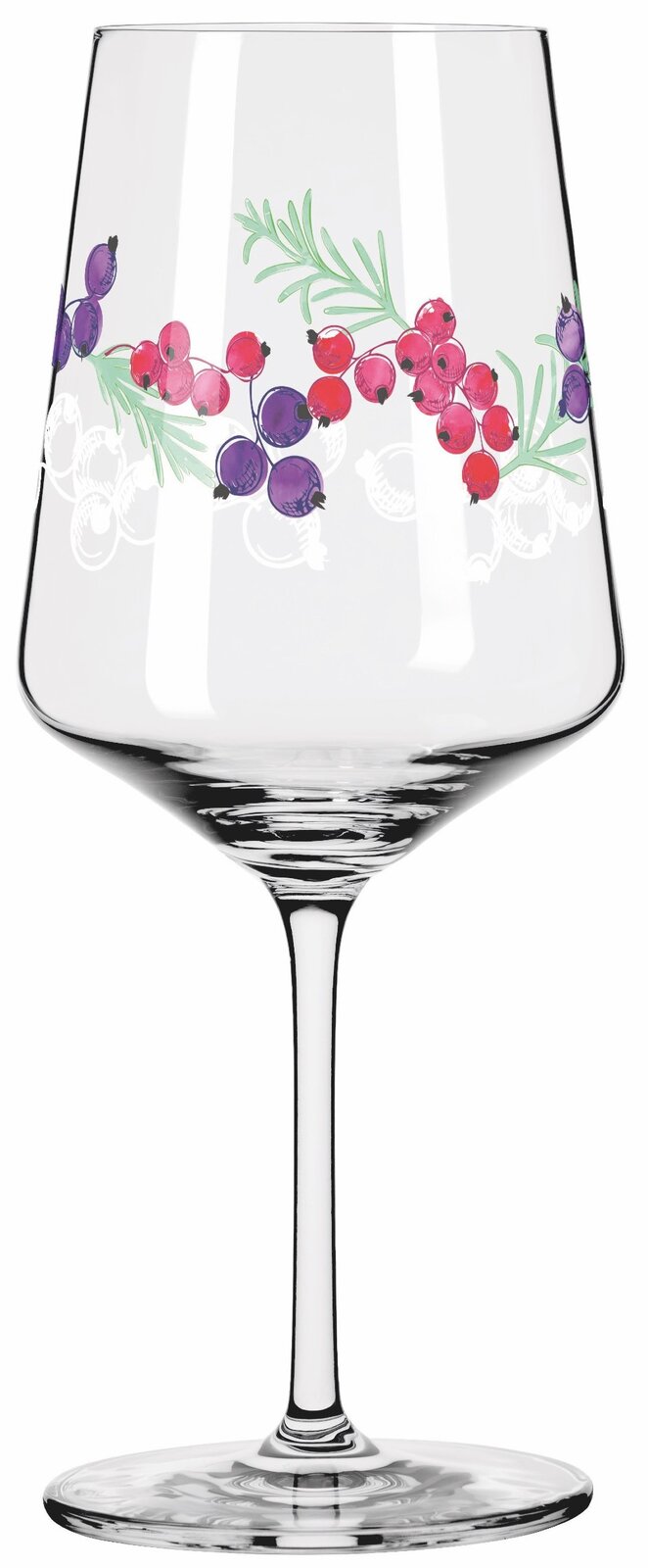 Weinglas mit buntem Beerenmuster, seitliche Perspektive