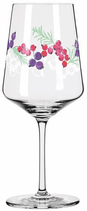 Weinglas mit buntem Beerenmuster, seitliche Perspektive