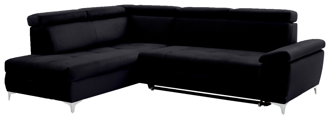 Schwarze L-förmige Rundecke mit verstellbaren Kopfstützen und silbernen Füßen, Perspektive von vorne links