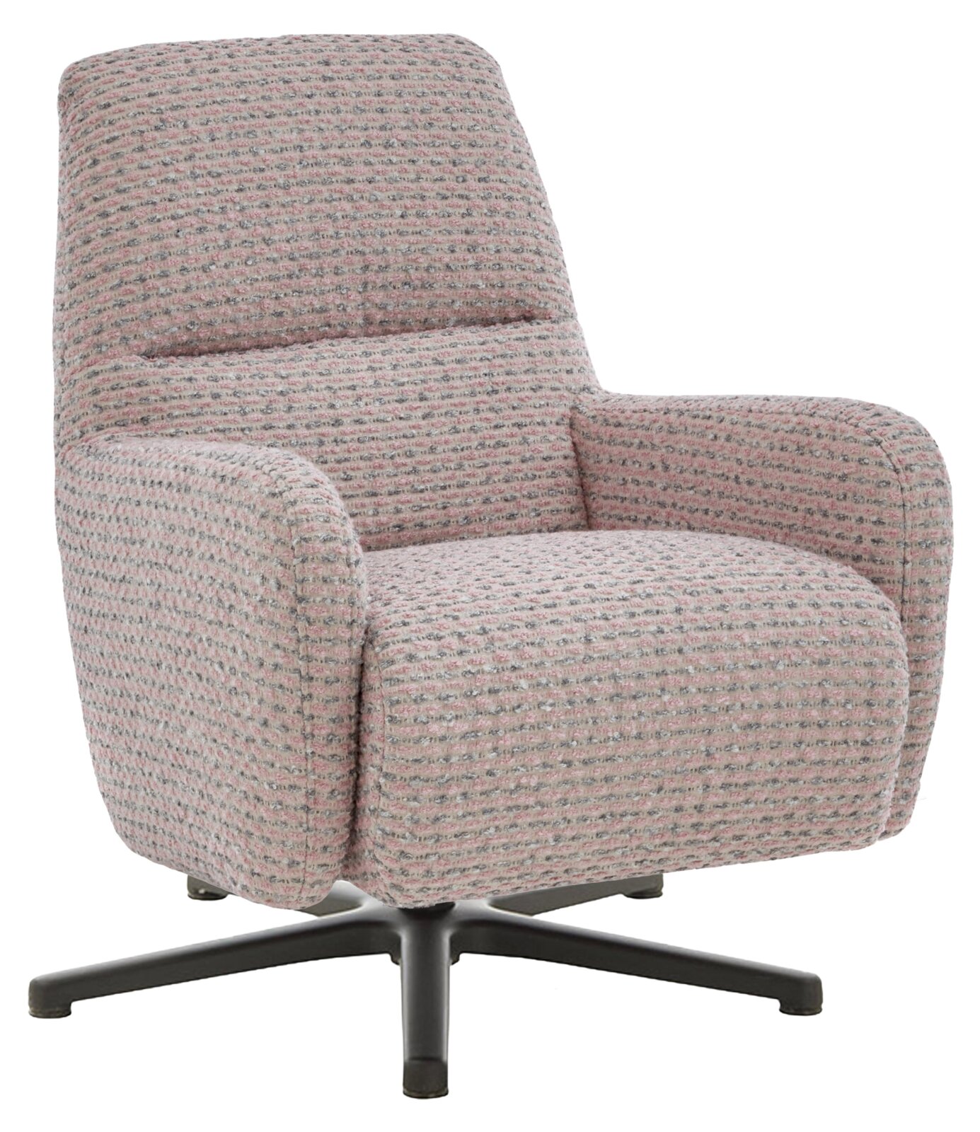 Gemütlicher Relaxsessel mit gepolstertem Stoffbezug in Rosa und Grau, seitliche Perspektive