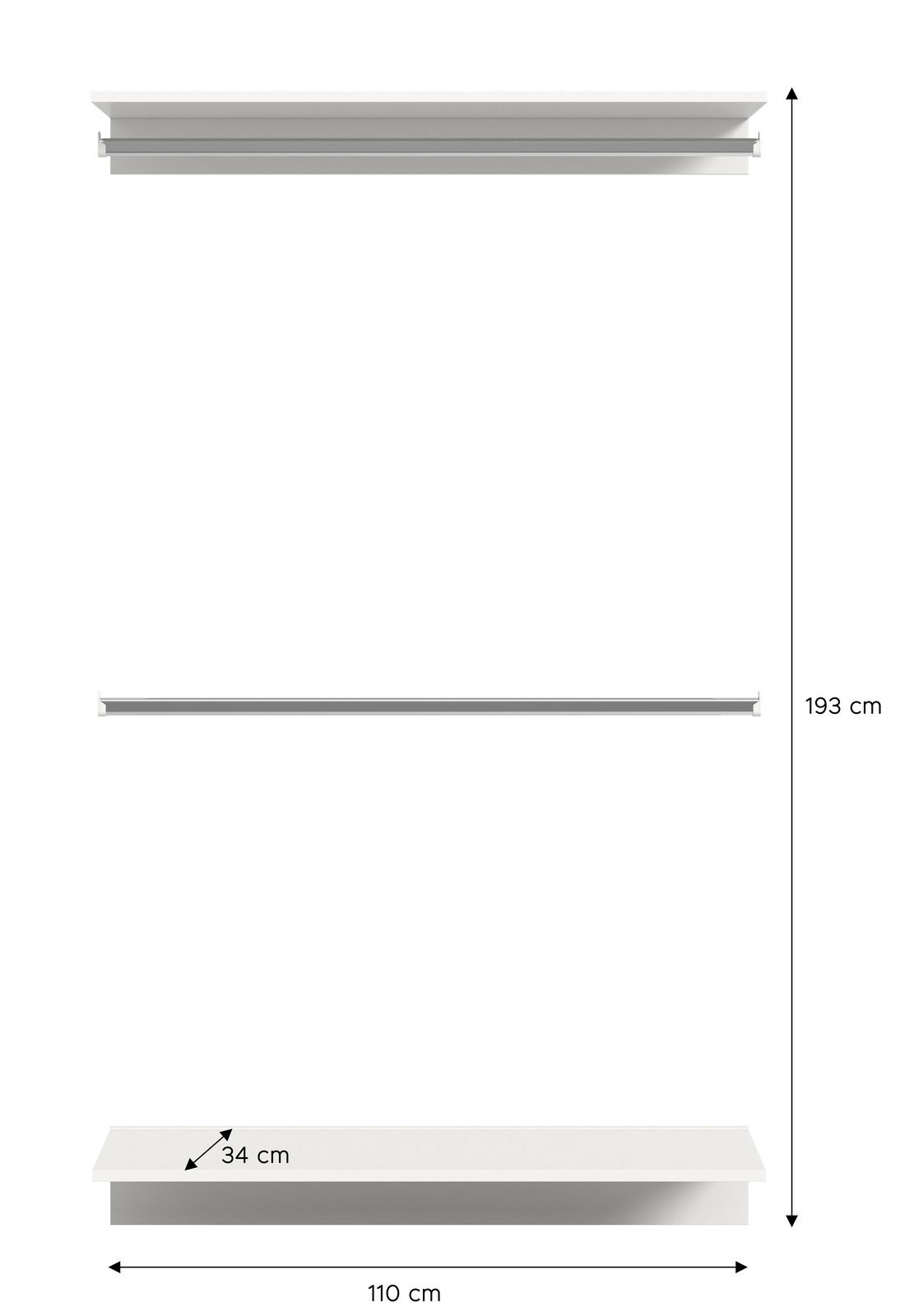 Zwischenbauelement in Frontalansicht mit den Maßen 110 cm Breite und 193 cm Höhe, bestehend aus mehreren horizontalen Elementen.