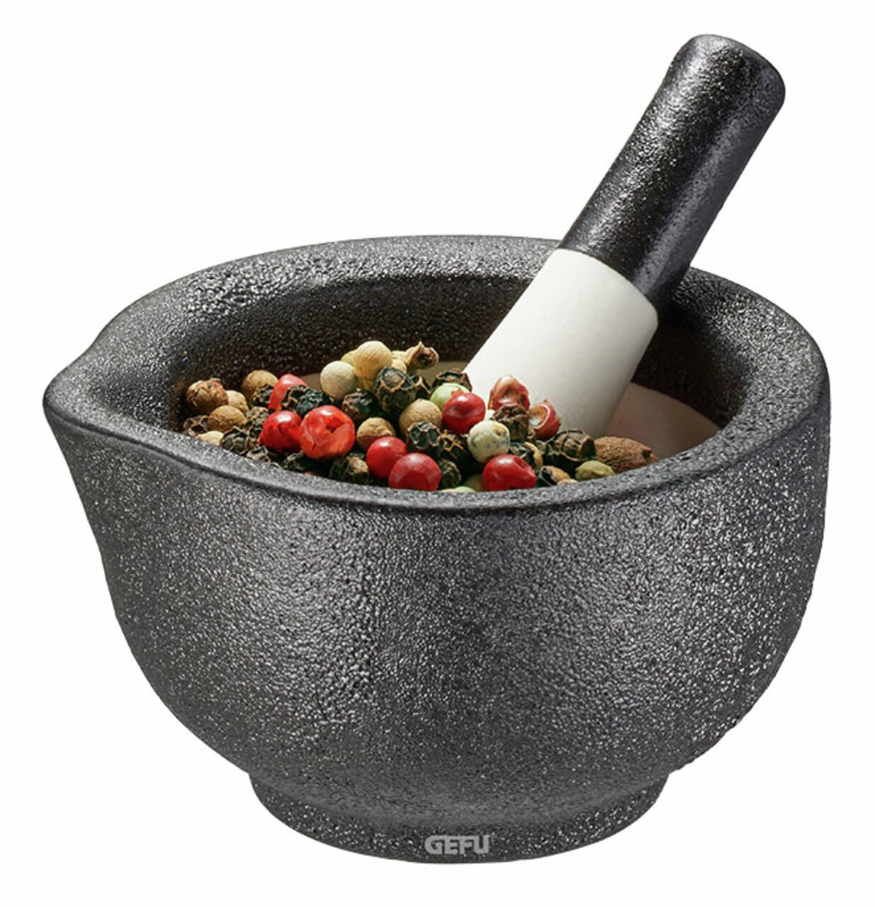 Mörser GRINO mit Stößel, gefüllt mit buntem Pfeffer, seitliche Perspektive
