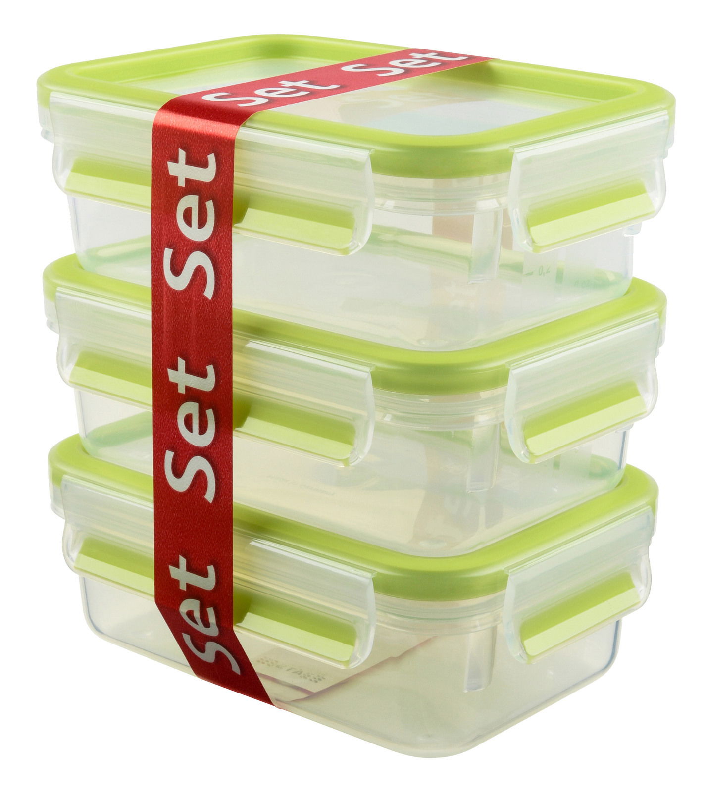 Dreier-Set von transparenten Frischhaltedosen mit grünen Deckeln, gestapelt und mit einem roten Band umwickelt, seitliche Perspektive