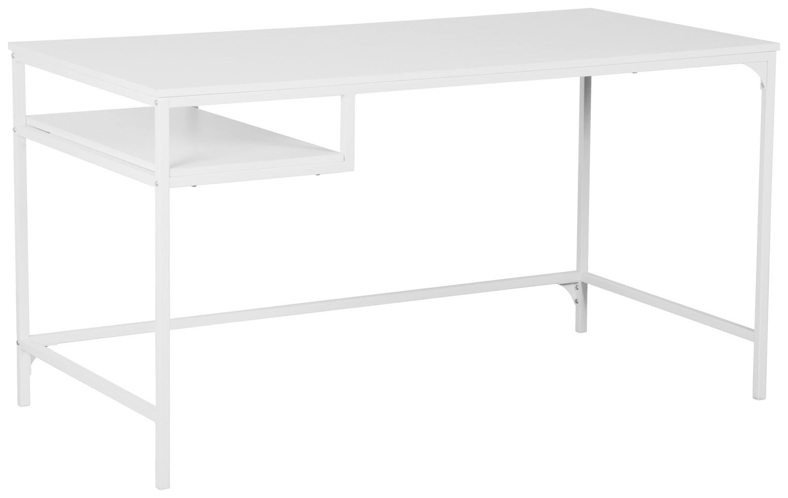Moderner weißer Schreibtisch mit Metallrahmen und seitlichem Regal, seitliche Perspektive