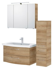 Badezimmermöbel-Set in Holzoptik mit Spiegelschrank, Waschbeckenunterschrank und hohem Schrank, Frontalansicht