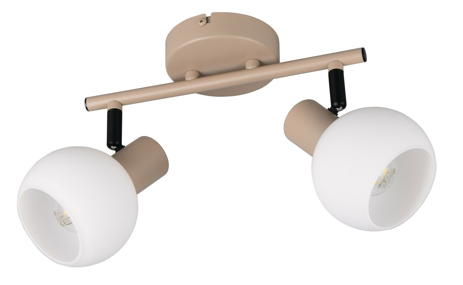 Zweiflammiger Deckenstrahler in Beige mit weißen Kugelschirmen, seitliche Perspektive