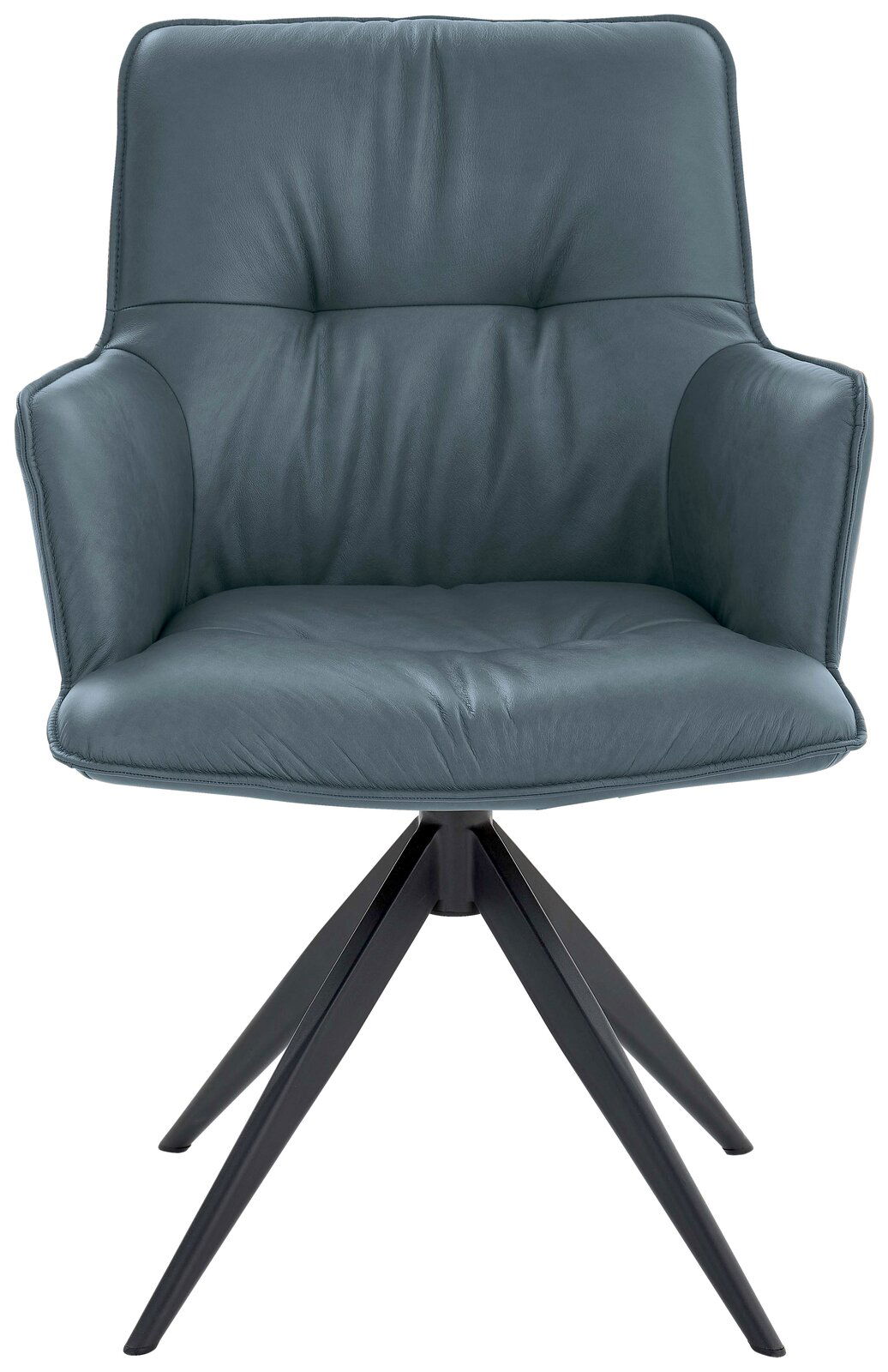 Moderner Design-Schalensessel in grauem Leder mit schwarzem Metallgestell, Frontalansicht