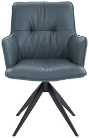 Moderner Design-Schalensessel in grauem Leder mit schwarzem Metallgestell, Frontalansicht