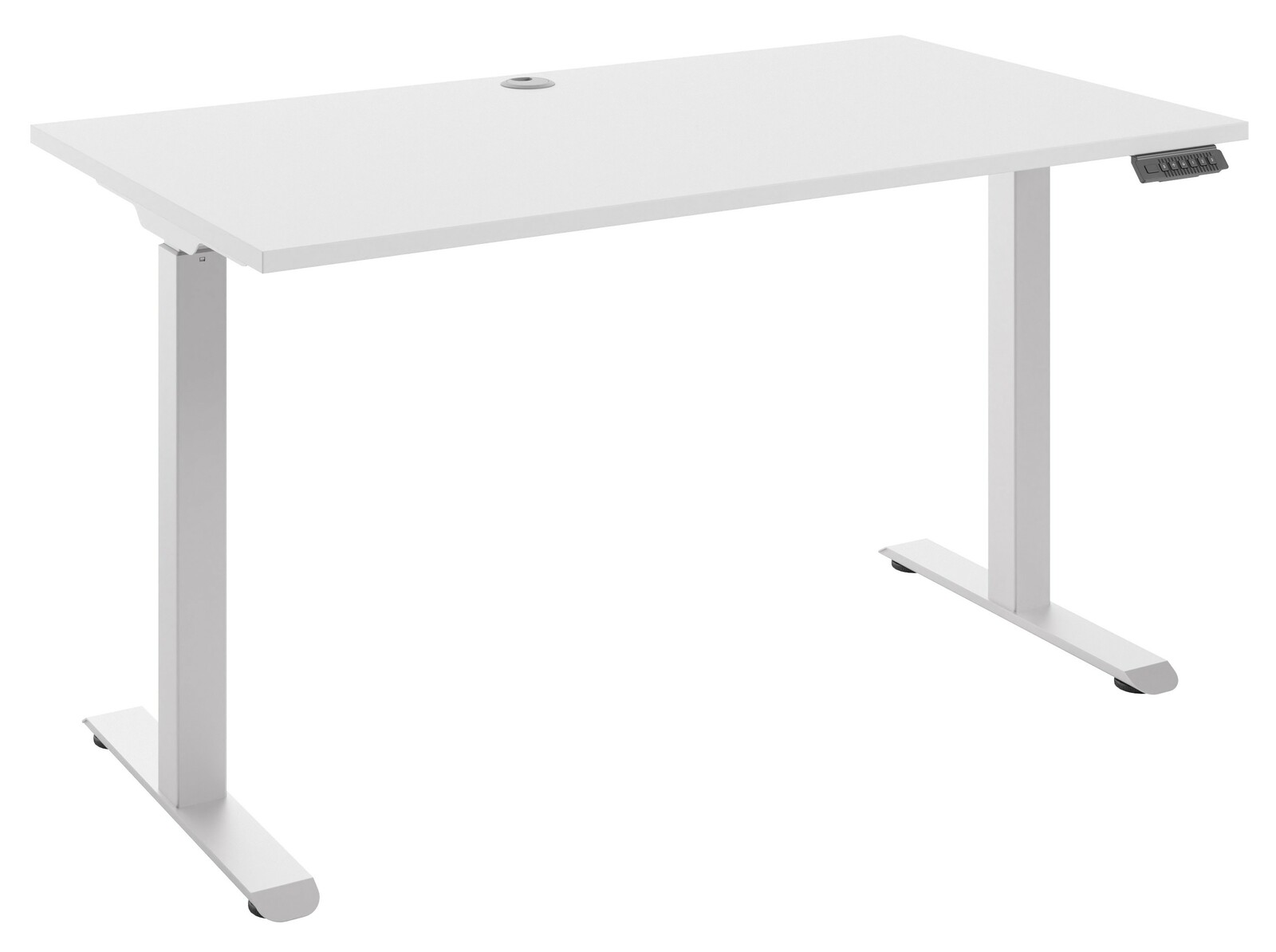 Moderner weißer E-Schreibtisch mit rechteckiger Tischplatte und höhenverstellbaren Beinen, seitliche Perspektive