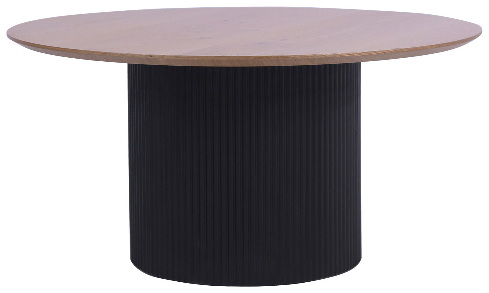 Runder Couchtisch mit schwarzem, geriffeltem Sockel und heller Holzplatte, seitliche Perspektive