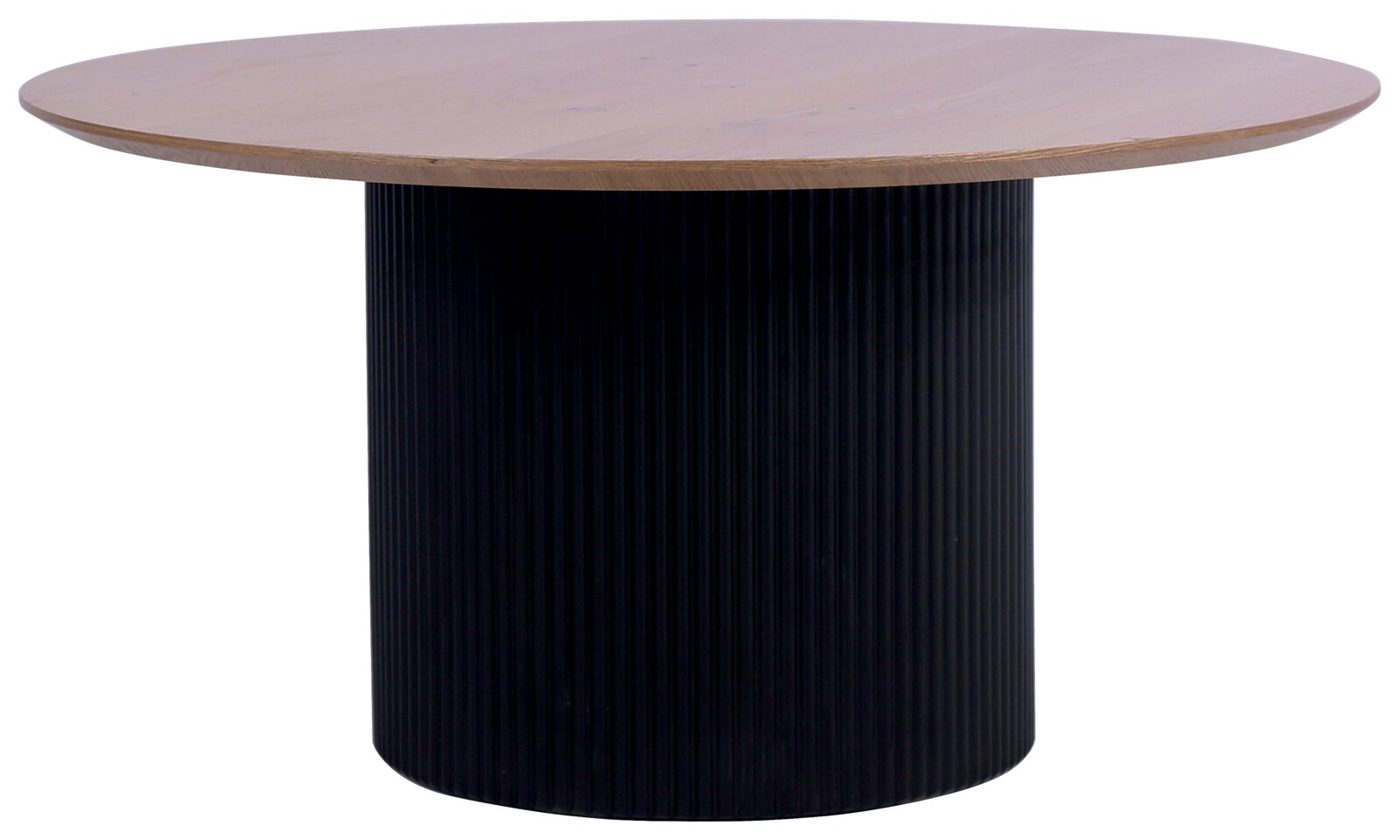 Runder Couchtisch mit schwarzem, geriffeltem Sockel und heller Holzplatte, seitliche Perspektive