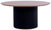 Runder Couchtisch mit schwarzem, geriffeltem Sockel und heller Holzplatte, seitliche Perspektive