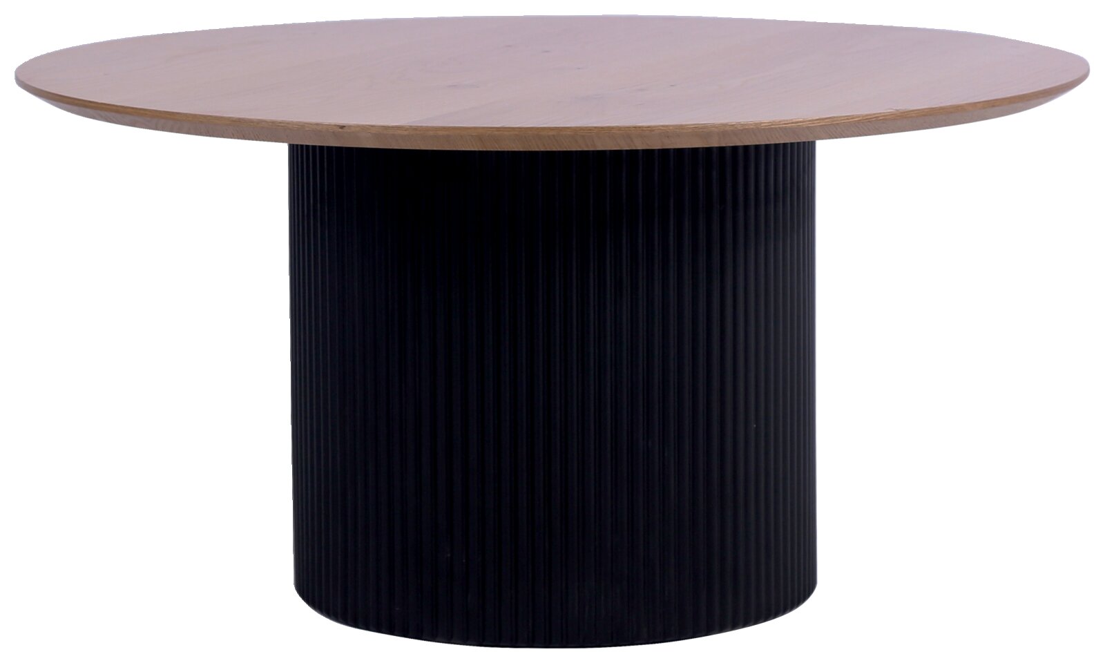 Runder Couchtisch mit schwarzem, geriffeltem Sockel und heller Holzplatte, seitliche Perspektive