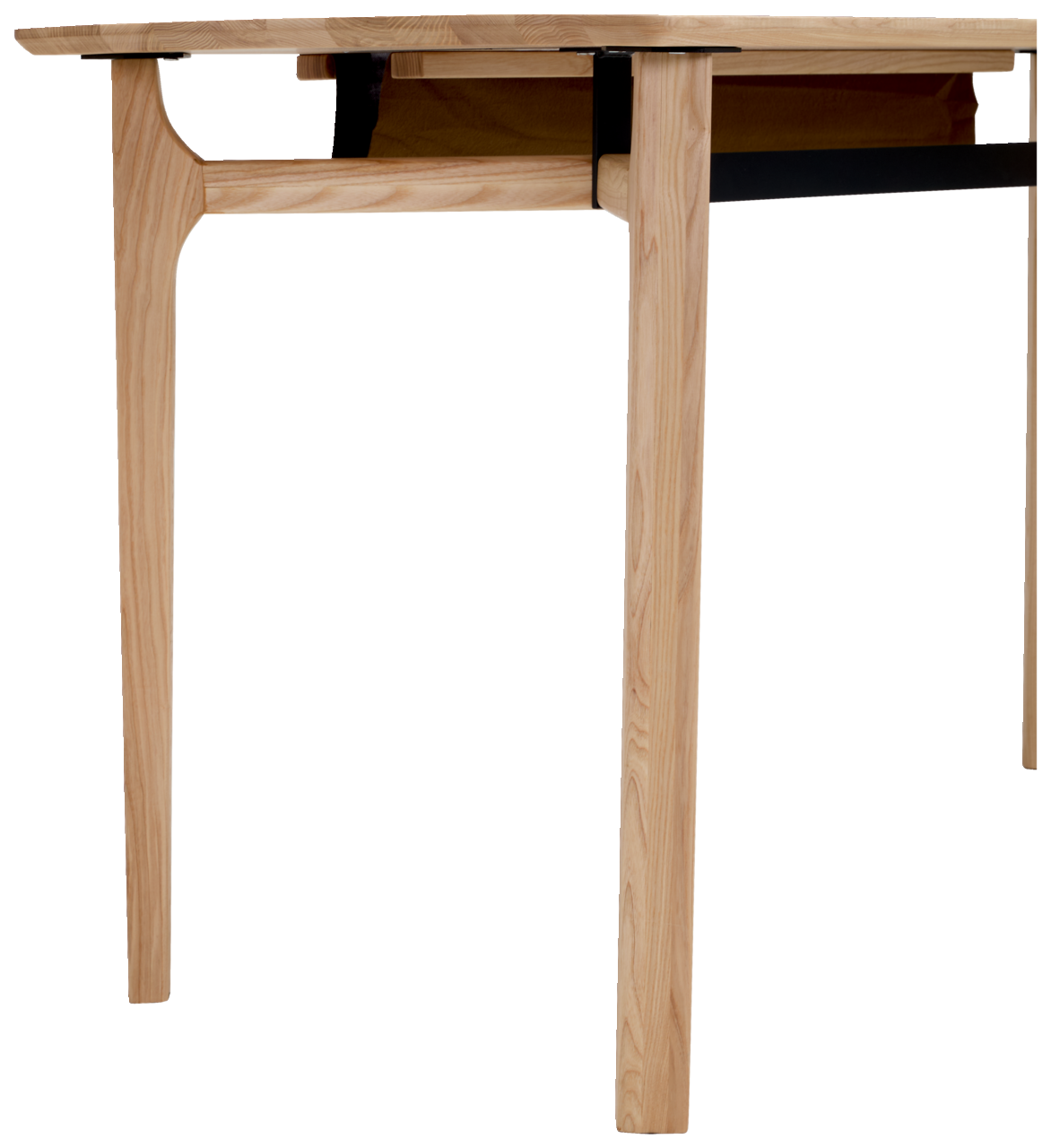 Seitenansicht eines modernen Schreibtisches aus hellem Holz mit schwarzem Metallrahmen.