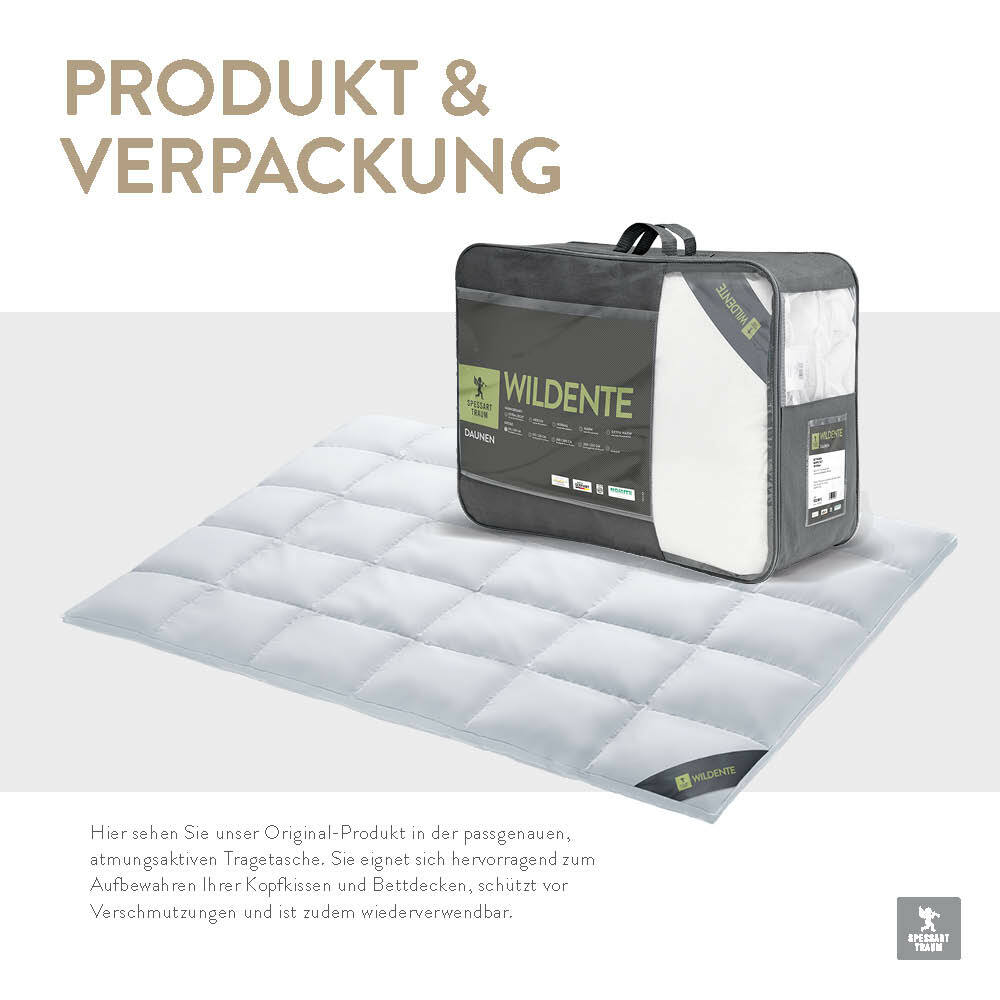 Duodecke 135x200cm Spessarttraum WILDENTE in Verpackung und ausgelegt, seitliche Perspektive