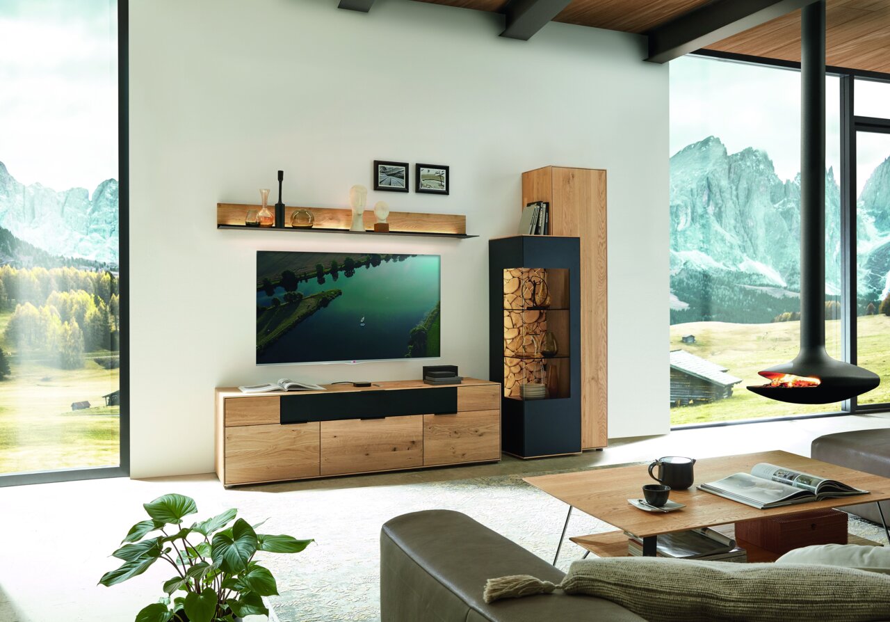 Moderne Wohnzimmer-Wandkombination aus Holz mit TV, Regal und Schrank, seitliche Perspektive
