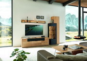 Moderne houten woonkamerwandcombinatie met tv, plank en kast, zijaanzicht