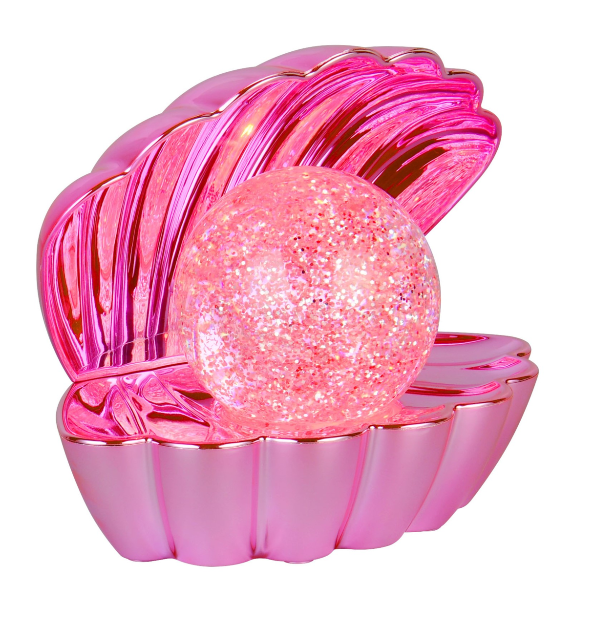 Rosa LED-Tischleuchte in Form einer geöffneten Muschel mit glitzernder Kugel, seitliche Perspektive