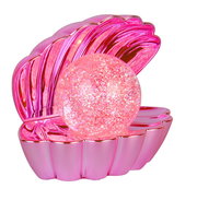 Rosa LED-Tischleuchte in Form einer geöffneten Muschel mit glitzernder Kugel, seitliche Perspektive