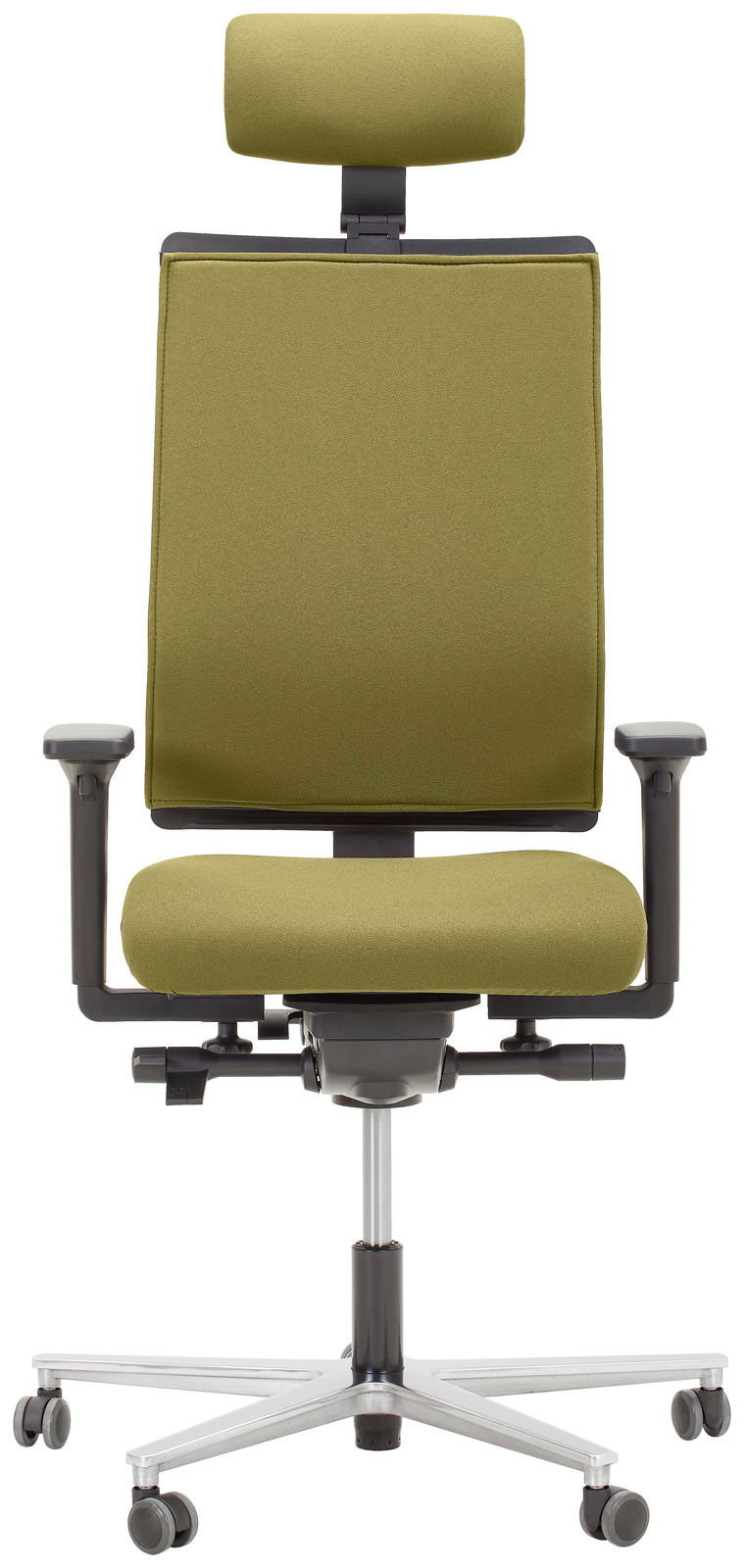 Grüner Drehstuhl mit Kopfstütze, Armlehnen und Rollen, Frontalansicht