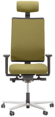 Grüner Drehstuhl mit Kopfstütze, Armlehnen und Rollen, Frontalansicht