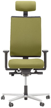 Grüner Drehstuhl mit Kopfstütze, Armlehnen und Rollen, Frontalansicht