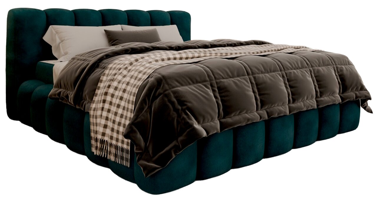Novel Polsterbettgestell inkl. LR NOBO Polsterbettgestell in seitlicher Perspektive mit dunkelgrünem Stoffbezug, gestepptem Kopfteil und brauner Bettdecke.