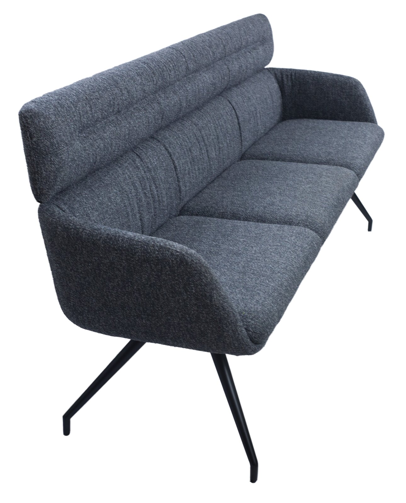 Graue Sitzbank mit hoher Rückenlehne und schwarzen Metallbeinen, seitliche Perspektive