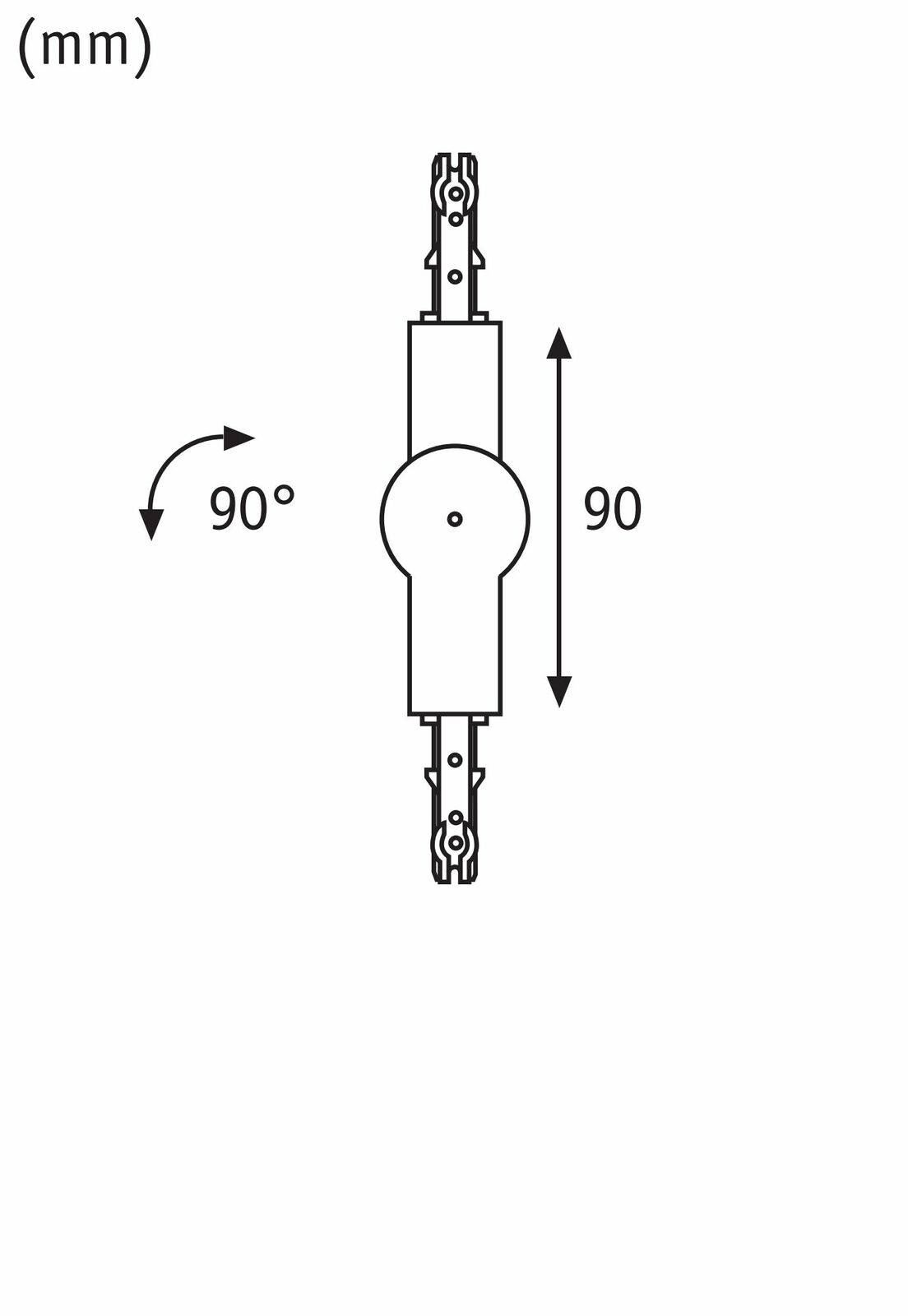 Technische Zeichnung eines PAULMANN Gelenkverbinders URAIL mit 90 Grad Beweglichkeit, seitliche Perspektive.