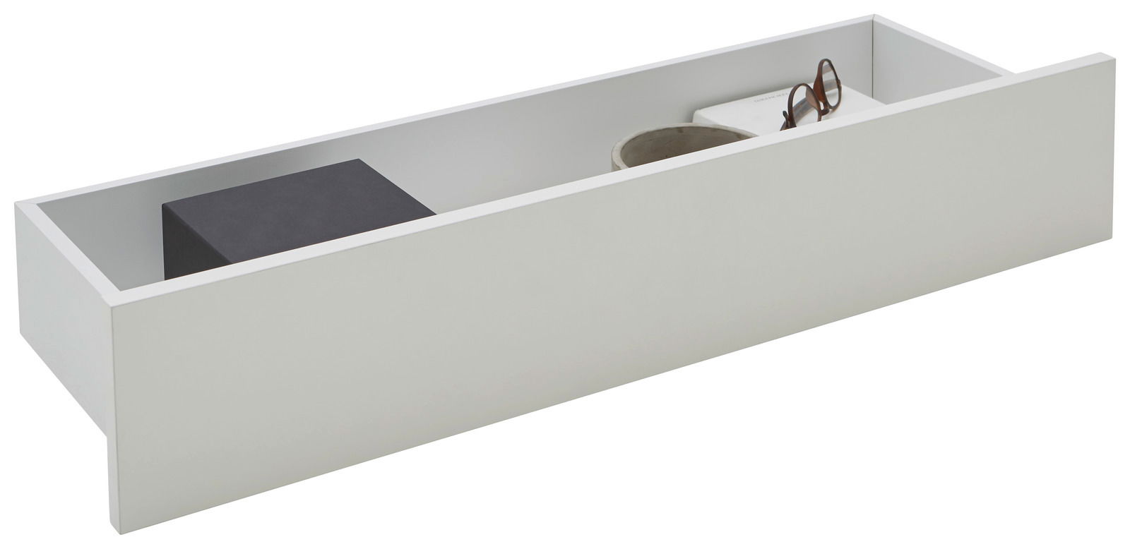 Dieter Knoll Innenschublade CORTINA Weiße Innenschublade mit verschiedenen Gegenständen, seitliche Perspektive