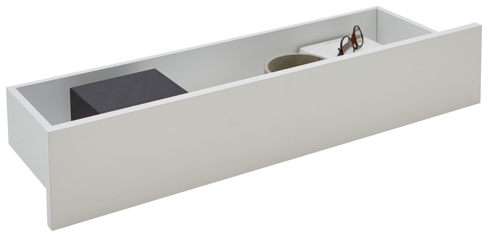 Dieter Knoll Innenschublade CORTINA Weiße Innenschublade mit verschiedenen Gegenständen, seitliche Perspektive